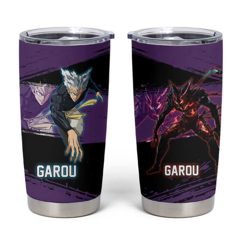 Garou One Punch Man Anime Purple and Black Theme Tumbler Cup with Hero and Monster Forms in Dynamic Battle Pose - The Mazicc