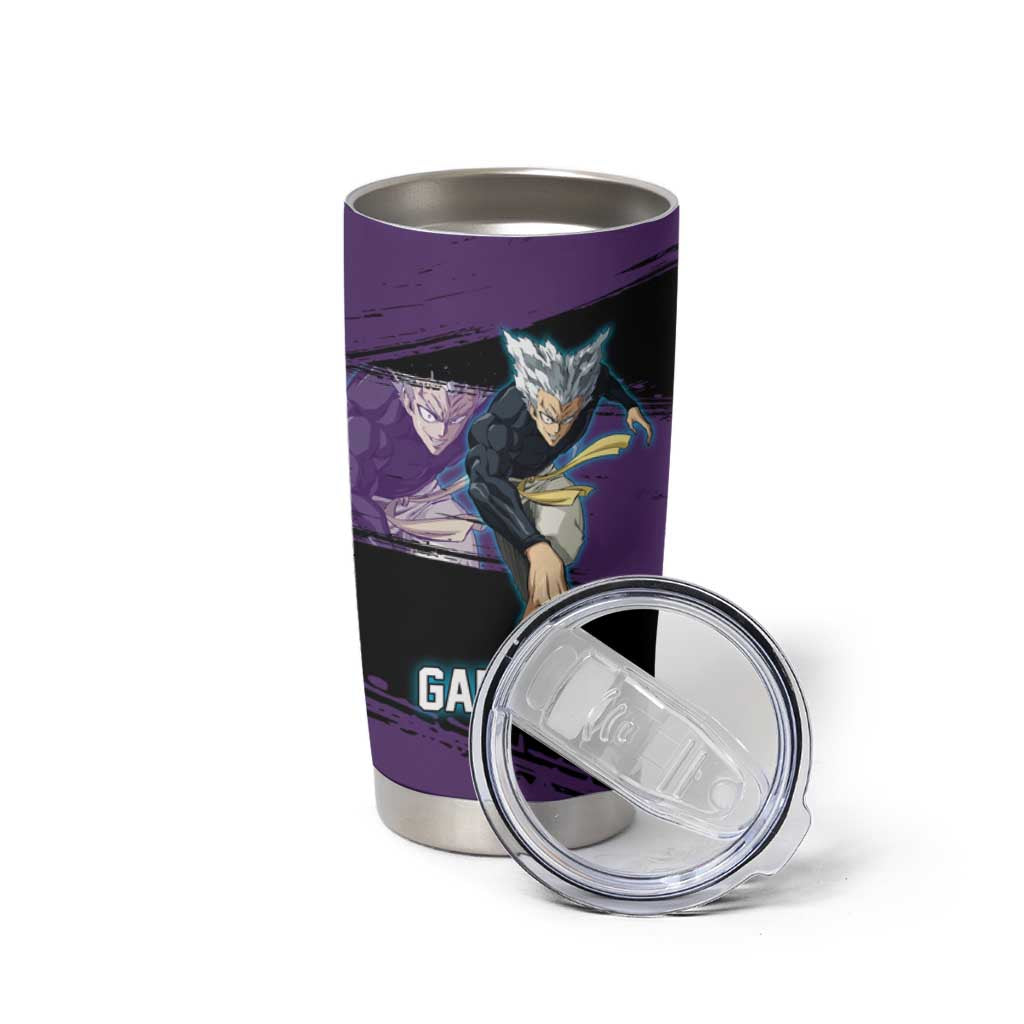 Garou One Punch Man Anime Purple and Black Theme Tumbler Cup with Hero and Monster Forms in Dynamic Battle Pose - The Mazicc