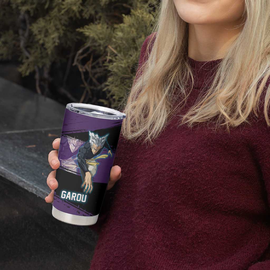 Garou One Punch Man Anime Purple and Black Theme Tumbler Cup with Hero and Monster Forms in Dynamic Battle Pose - The Mazicc