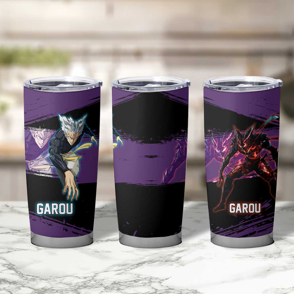 Garou One Punch Man Anime Purple and Black Theme Tumbler Cup with Hero and Monster Forms in Dynamic Battle Pose - The Mazicc