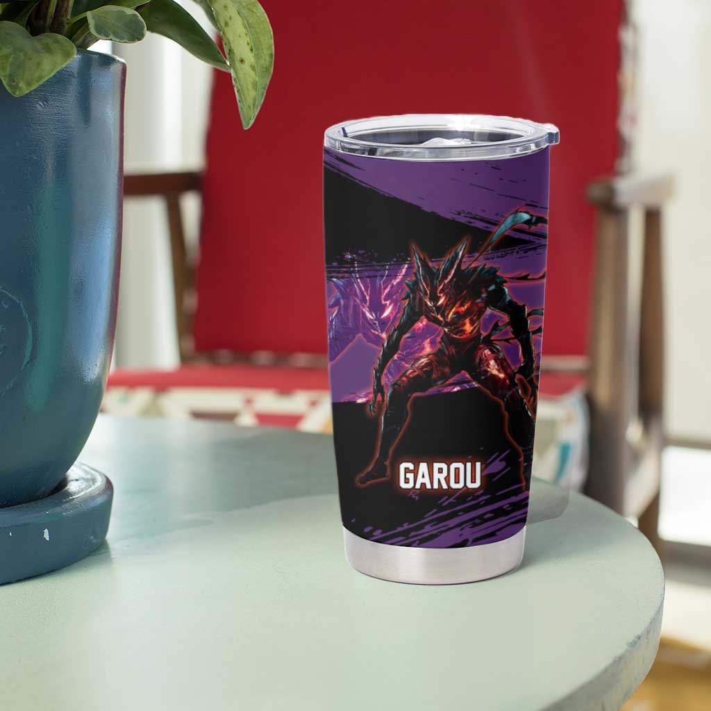 Garou One Punch Man Anime Purple and Black Theme Tumbler Cup with Hero and Monster Forms in Dynamic Battle Pose - The Mazicc