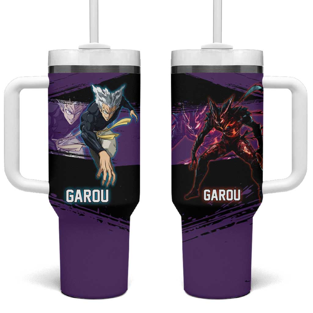 Garou One Punch Man Anime Purple and Black Theme Tumbler With Handle with Hero and Monster Forms in Dynamic Battle Pose - The Mazicc