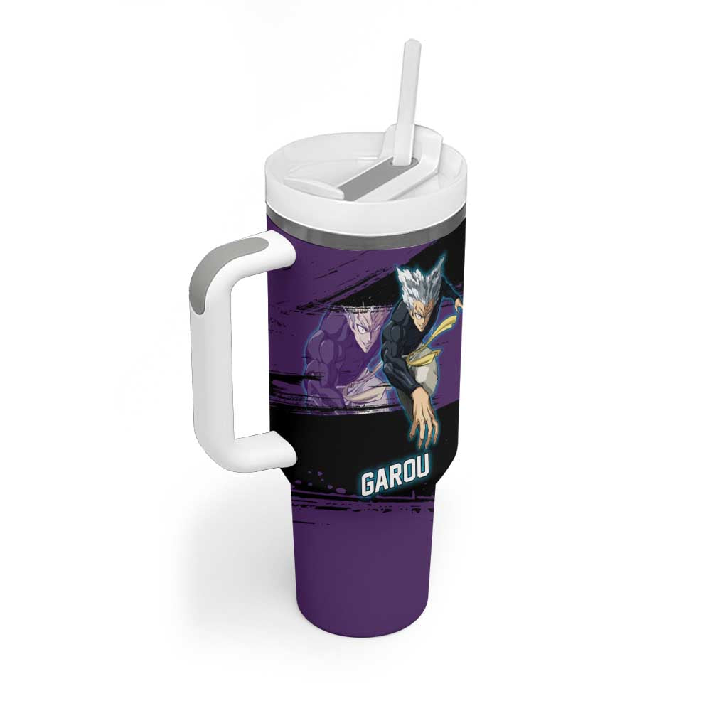Garou One Punch Man Anime Purple and Black Theme Tumbler With Handle with Hero and Monster Forms in Dynamic Battle Pose - The Mazicc