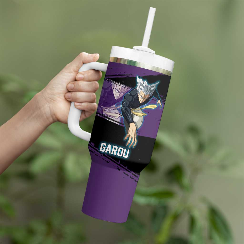 Garou One Punch Man Anime Purple and Black Theme Tumbler With Handle with Hero and Monster Forms in Dynamic Battle Pose - The Mazicc