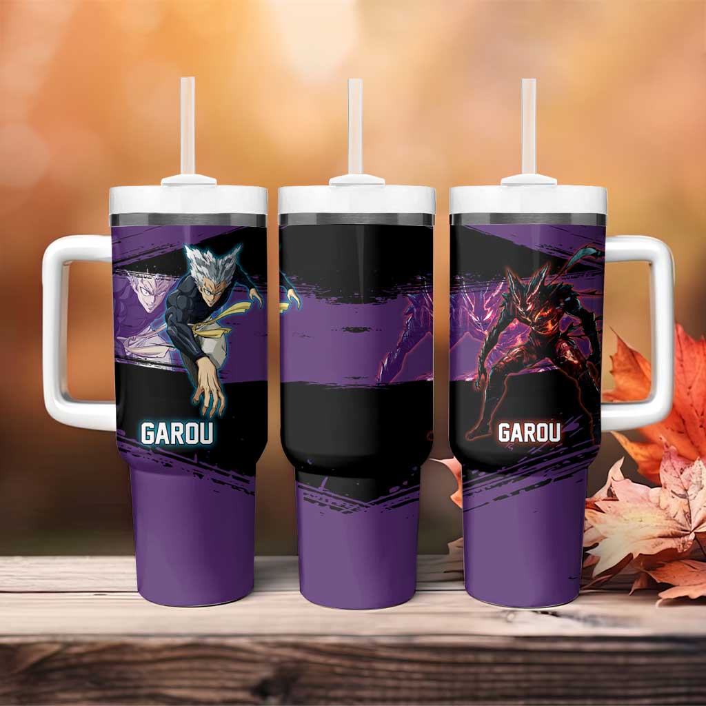 Garou One Punch Man Anime Purple and Black Theme Tumbler With Handle with Hero and Monster Forms in Dynamic Battle Pose - The Mazicc
