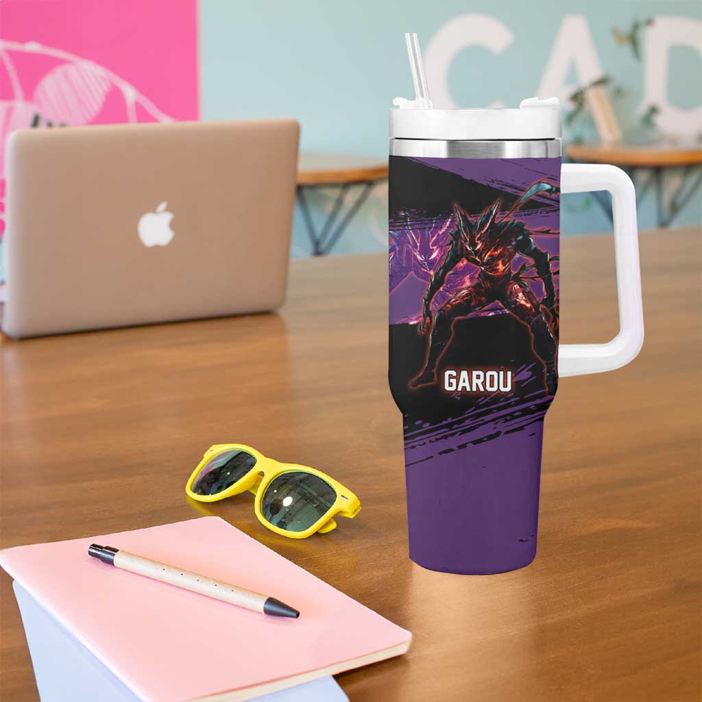Garou One Punch Man Anime Purple and Black Theme Tumbler With Handle with Hero and Monster Forms in Dynamic Battle Pose - The Mazicc