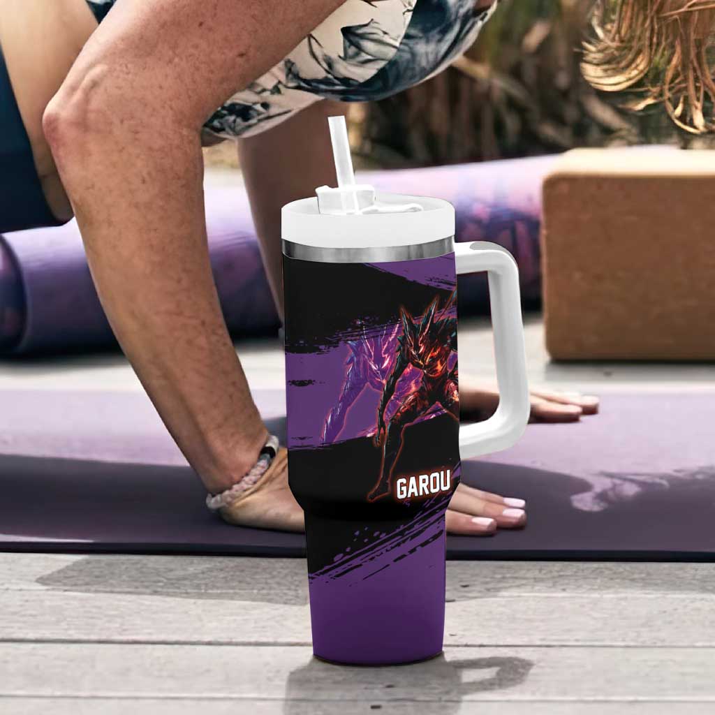 Garou One Punch Man Anime Purple and Black Theme Tumbler With Handle with Hero and Monster Forms in Dynamic Battle Pose - The Mazicc