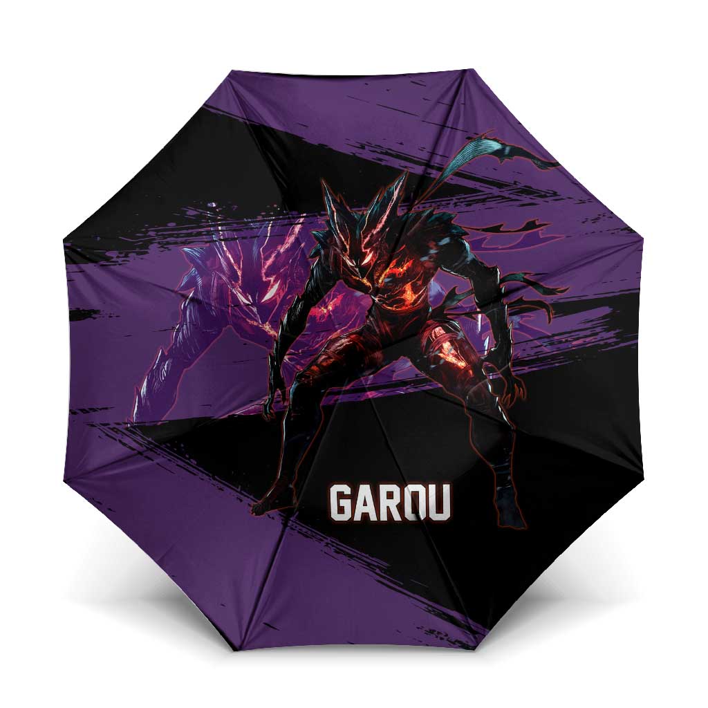 Garou One Punch Man Anime Purple and Black Theme Umbrella with Hero and Monster Forms in Dynamic Battle Pose - The Mazicc