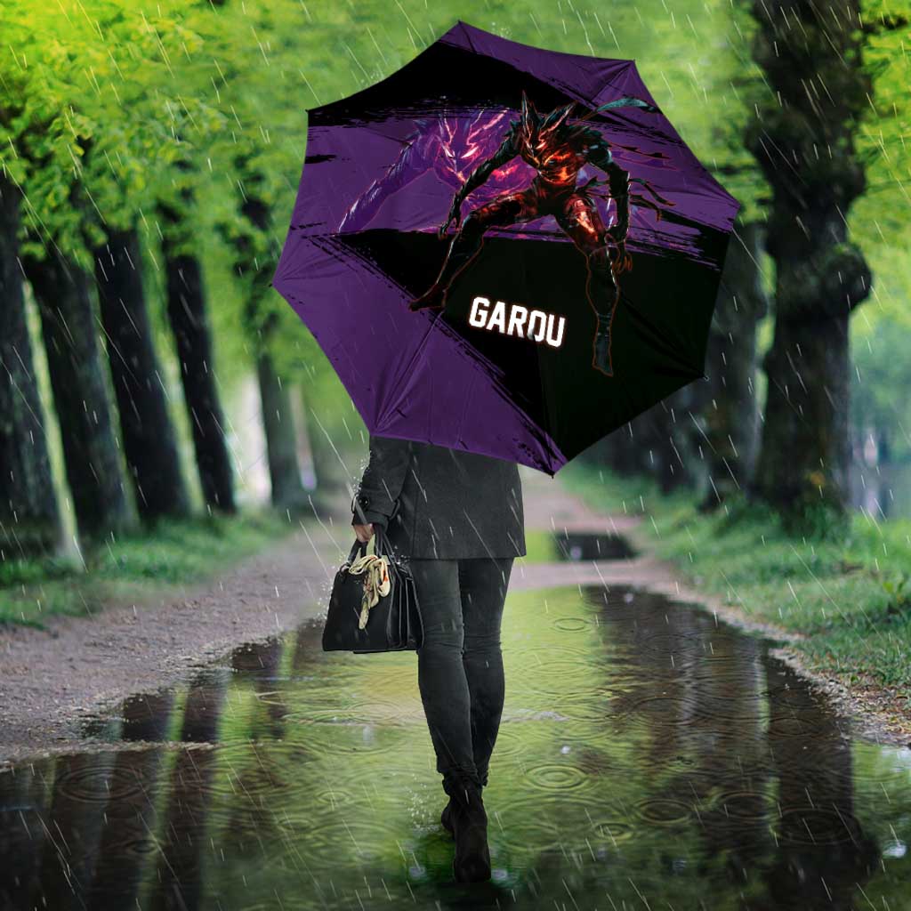 Garou One Punch Man Anime Purple and Black Theme Umbrella with Hero and Monster Forms in Dynamic Battle Pose - The Mazicc