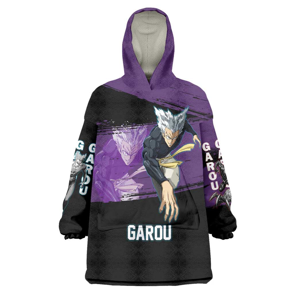 Garou One Punch Man Anime Purple and Black Theme Wearable Blanket Hoodie with Hero and Monster Forms in Dynamic Battle Pose - The Mazicc