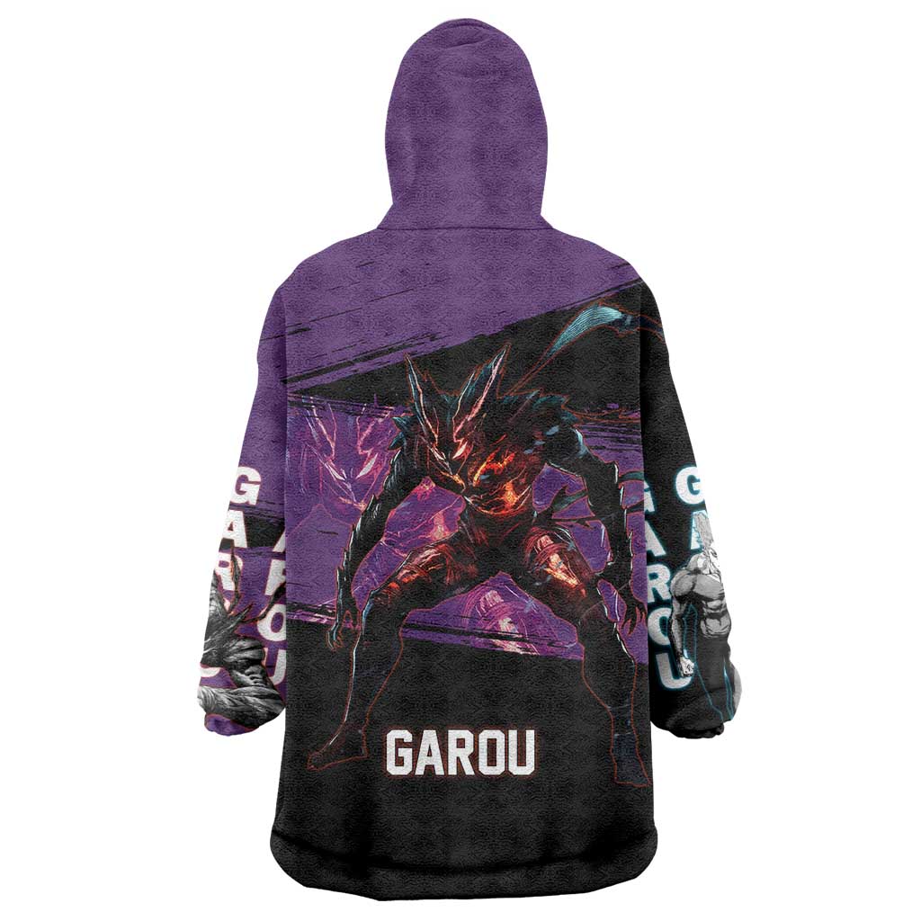 Garou One Punch Man Anime Purple and Black Theme Wearable Blanket Hoodie with Hero and Monster Forms in Dynamic Battle Pose - The Mazicc