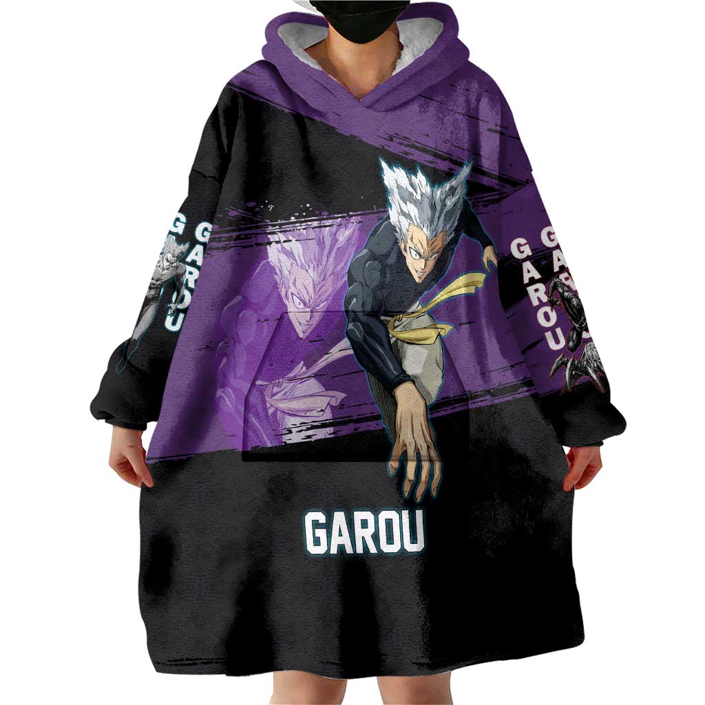 Garou One Punch Man Anime Purple and Black Theme Wearable Blanket Hoodie with Hero and Monster Forms in Dynamic Battle Pose - The Mazicc