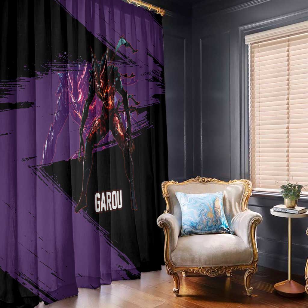 Garou One Punch Man Anime Purple and Black Theme Window Curtain with Hero and Monster Forms in Dynamic Battle Pose - The Mazicc