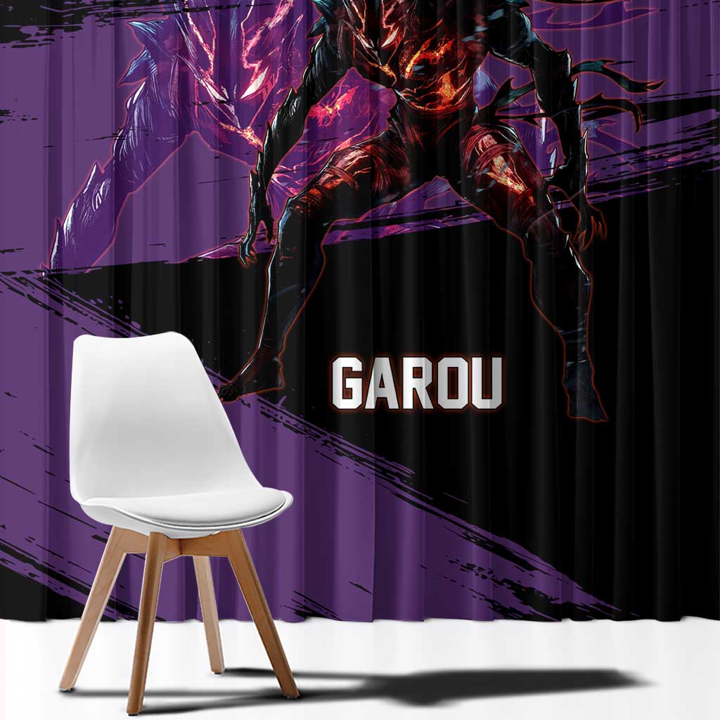 Garou One Punch Man Anime Purple and Black Theme Window Curtain with Hero and Monster Forms in Dynamic Battle Pose - The Mazicc