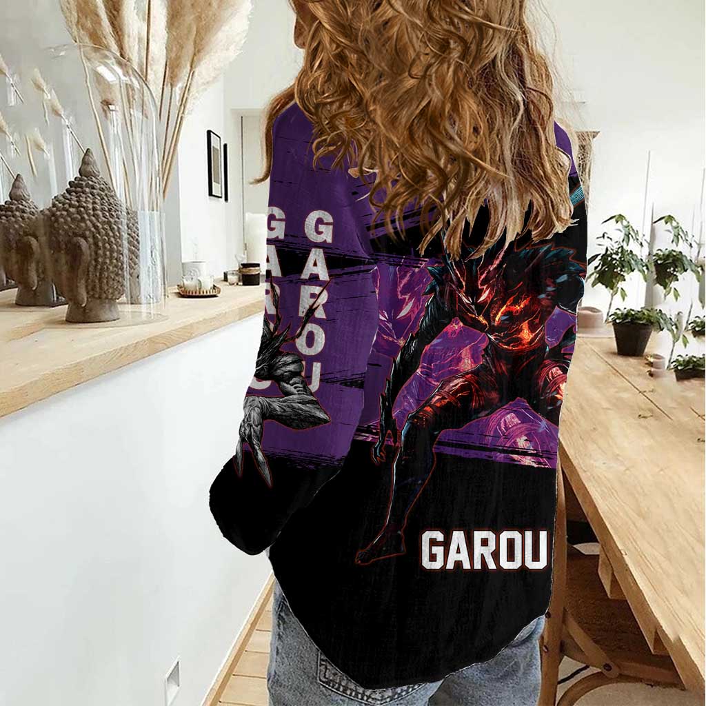 Garou One Punch Man Anime Purple and Black Theme Women Casual Shirt with Hero and Monster Forms in Dynamic Battle Pose - The Mazicc