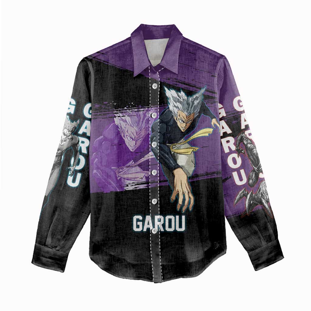 Garou One Punch Man Anime Purple and Black Theme Women Casual Shirt with Hero and Monster Forms in Dynamic Battle Pose - The Mazicc