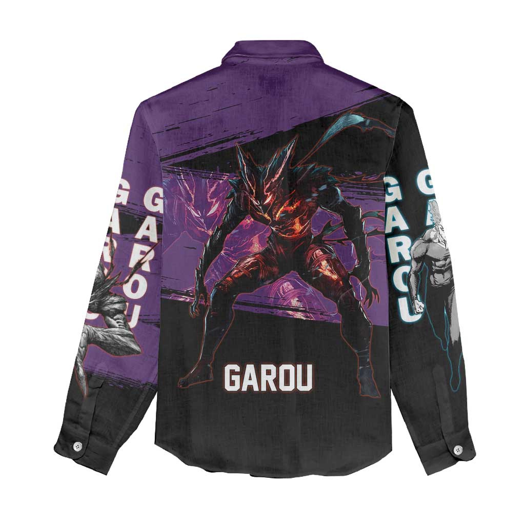 Garou One Punch Man Anime Purple and Black Theme Women Casual Shirt with Hero and Monster Forms in Dynamic Battle Pose - The Mazicc