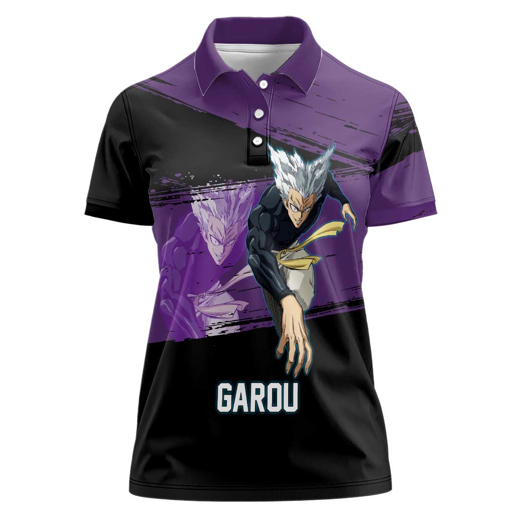Garou One Punch Man Anime Purple and Black Theme Women Polo Shirt with Hero and Monster Forms in Dynamic Battle Pose - The Mazicc