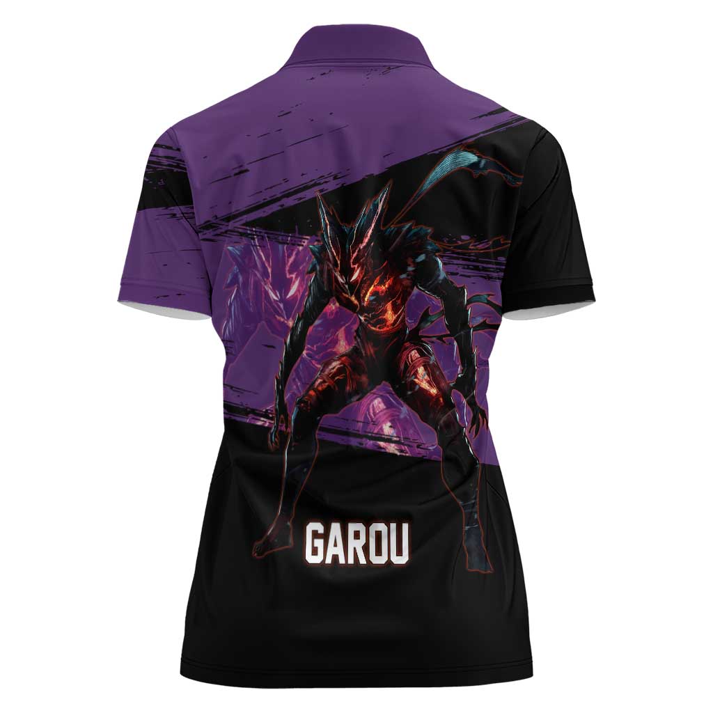Garou One Punch Man Anime Purple and Black Theme Women Polo Shirt with Hero and Monster Forms in Dynamic Battle Pose - The Mazicc