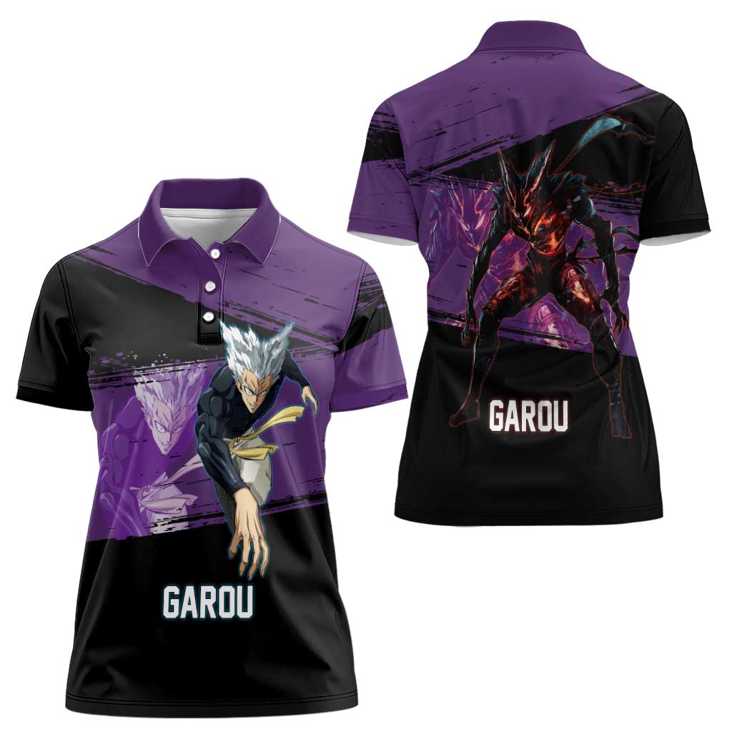 Garou One Punch Man Anime Purple and Black Theme Women Polo Shirt with Hero and Monster Forms in Dynamic Battle Pose - The Mazicc