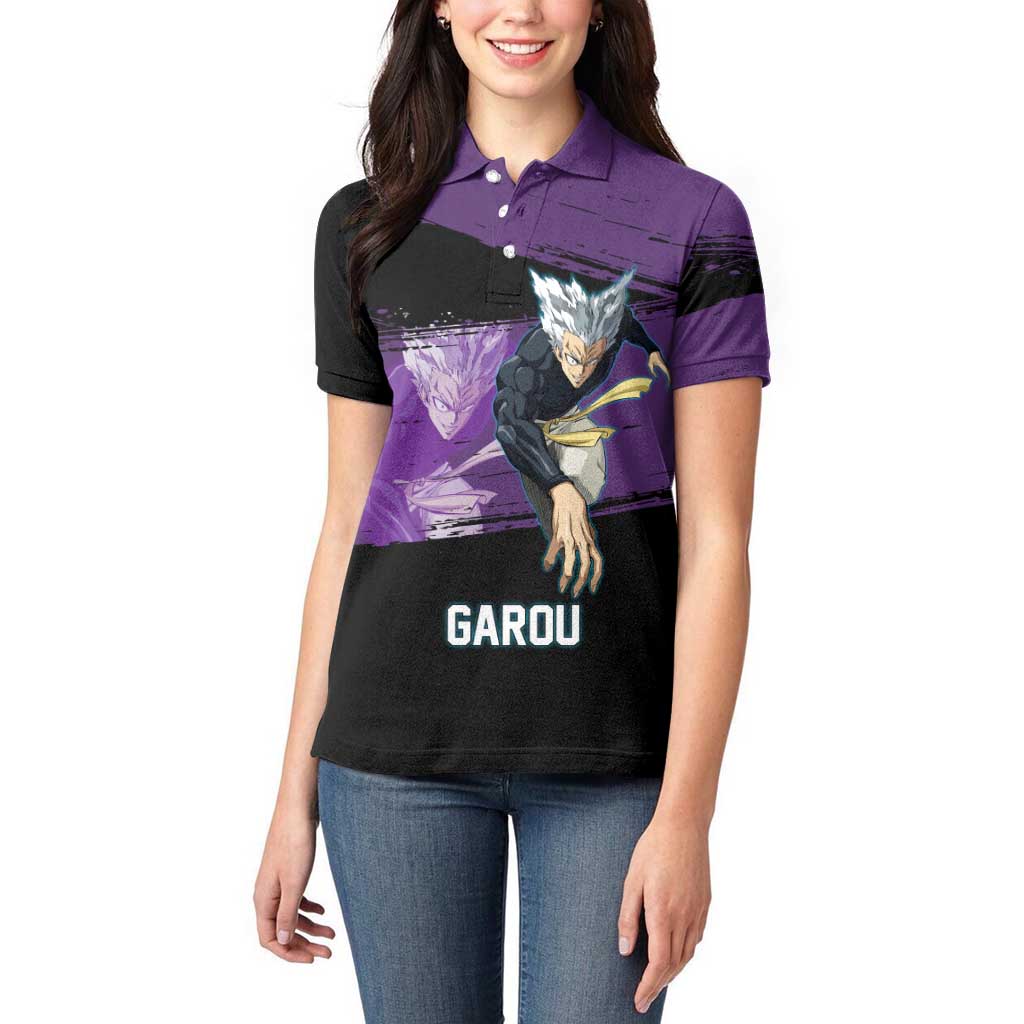 Garou One Punch Man Anime Purple and Black Theme Women Polo Shirt with Hero and Monster Forms in Dynamic Battle Pose - The Mazicc