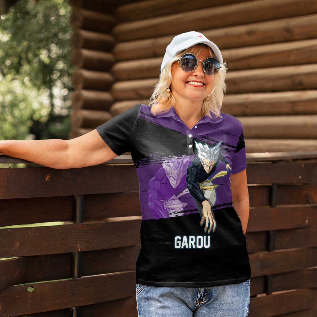 Garou One Punch Man Anime Purple and Black Theme Women Polo Shirt with Hero and Monster Forms in Dynamic Battle Pose - The Mazicc