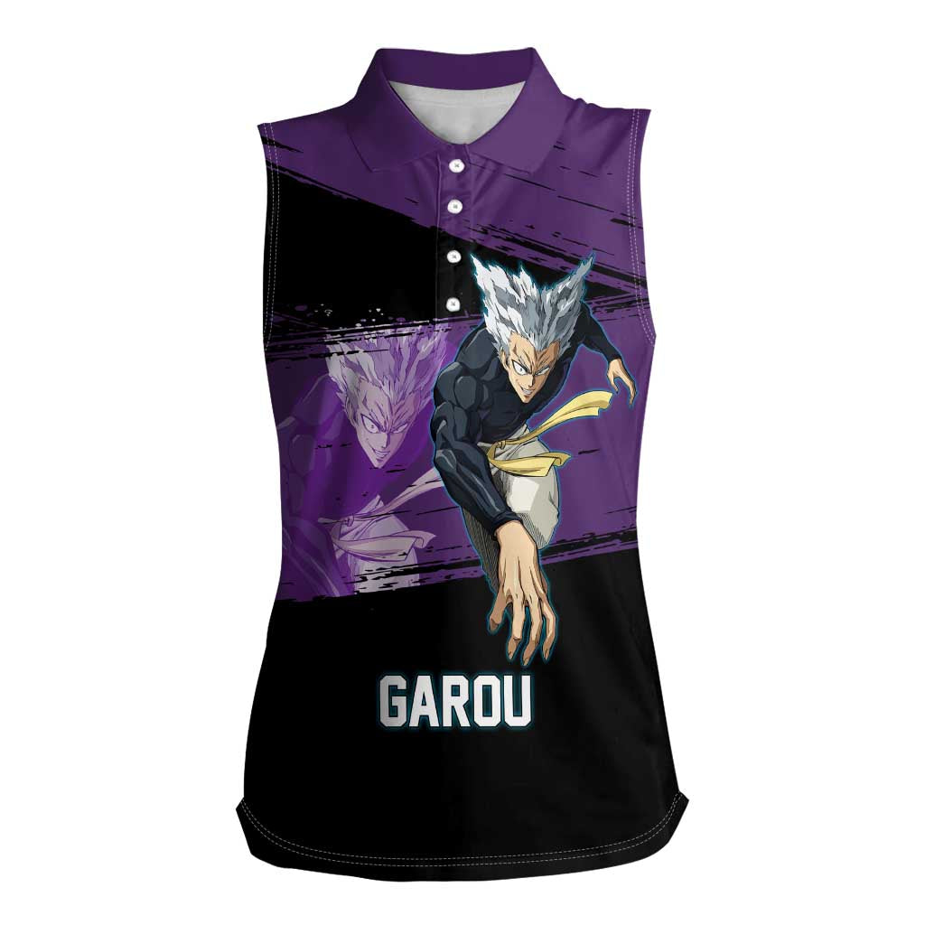Garou One Punch Man Anime Purple and Black Theme Women Sleeveless Polo Shirt with Hero and Monster Forms in Dynamic Battle Pose - The Mazicc