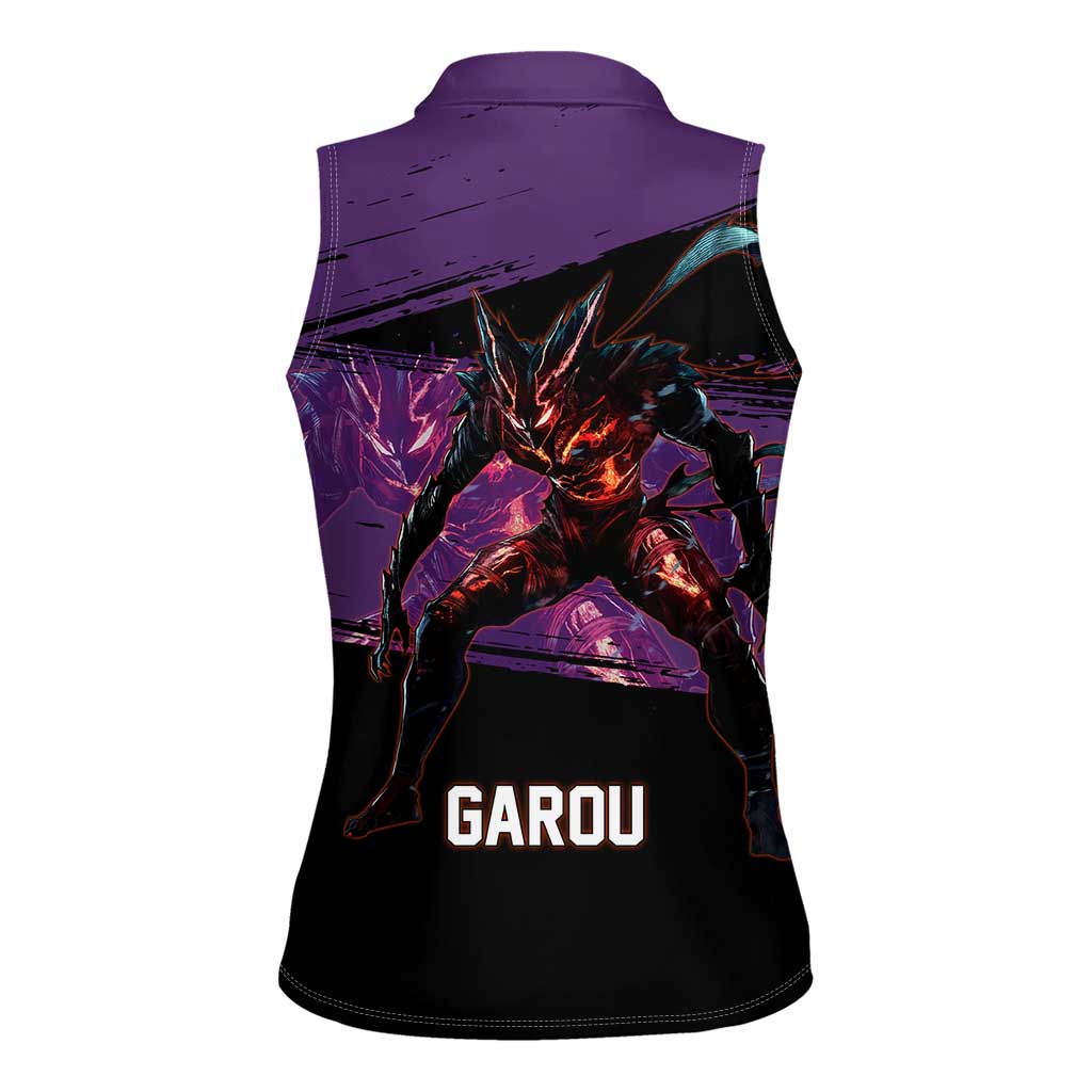 Garou One Punch Man Anime Purple and Black Theme Women Sleeveless Polo Shirt with Hero and Monster Forms in Dynamic Battle Pose - The Mazicc