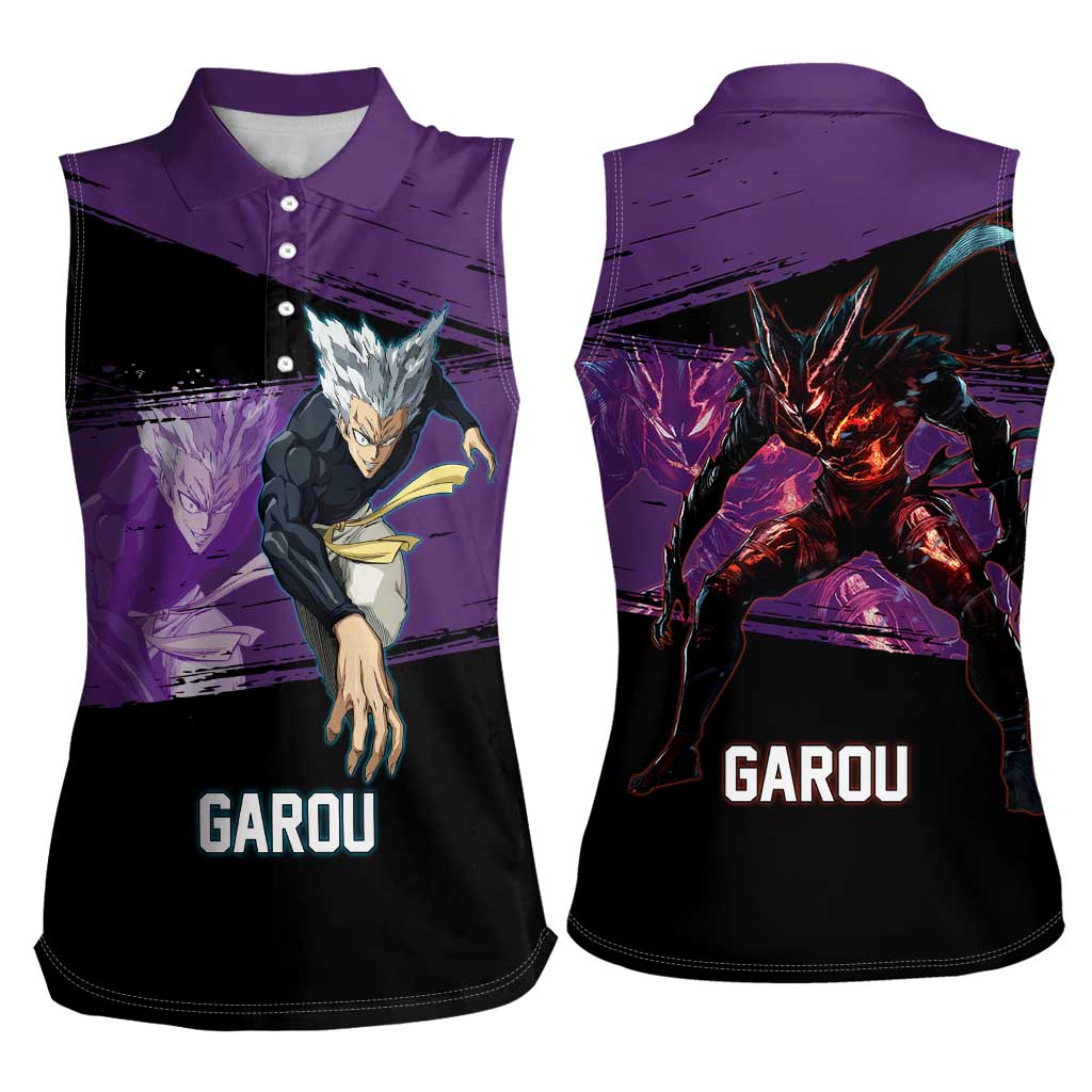 Garou One Punch Man Anime Purple and Black Theme Women Sleeveless Polo Shirt with Hero and Monster Forms in Dynamic Battle Pose - The Mazicc