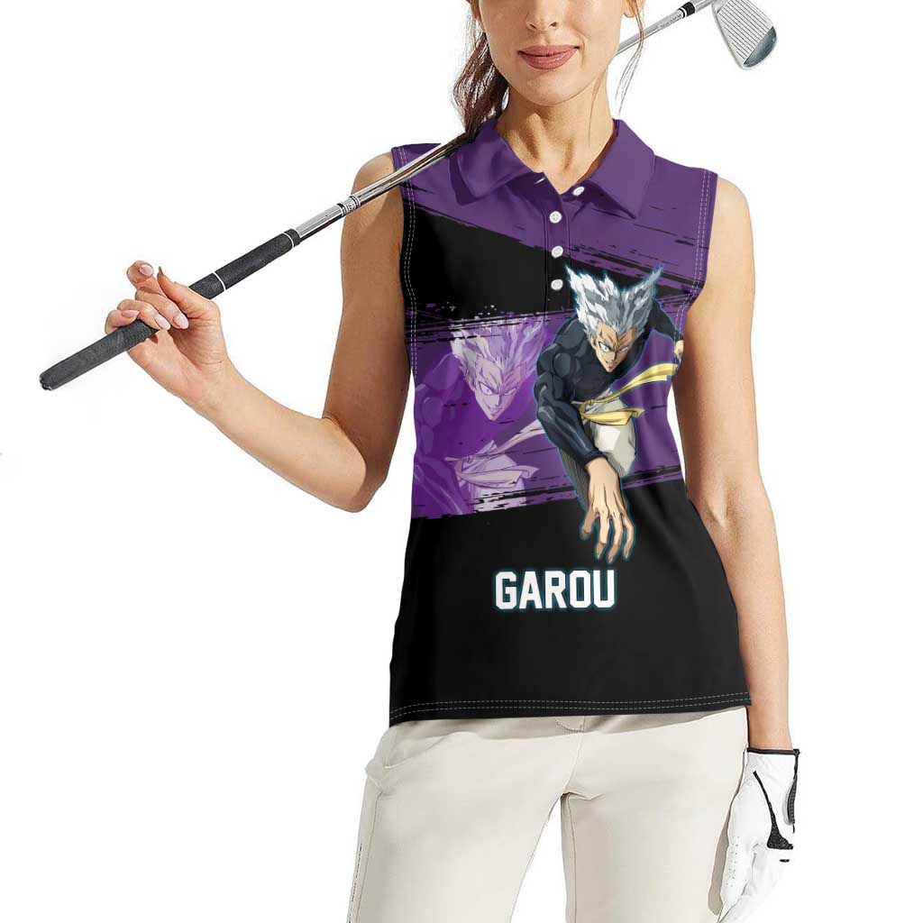 Garou One Punch Man Anime Purple and Black Theme Women Sleeveless Polo Shirt with Hero and Monster Forms in Dynamic Battle Pose - The Mazicc
