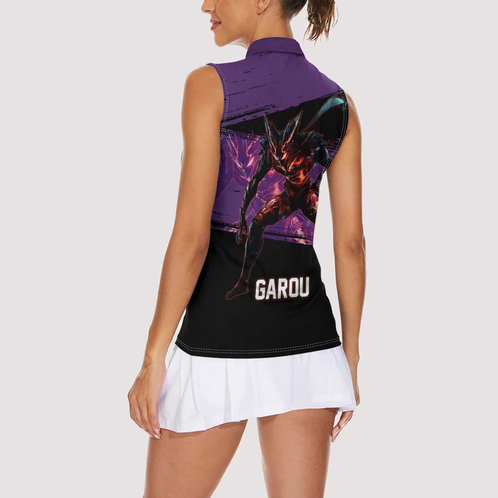Garou One Punch Man Anime Purple and Black Theme Women Sleeveless Polo Shirt with Hero and Monster Forms in Dynamic Battle Pose - The Mazicc