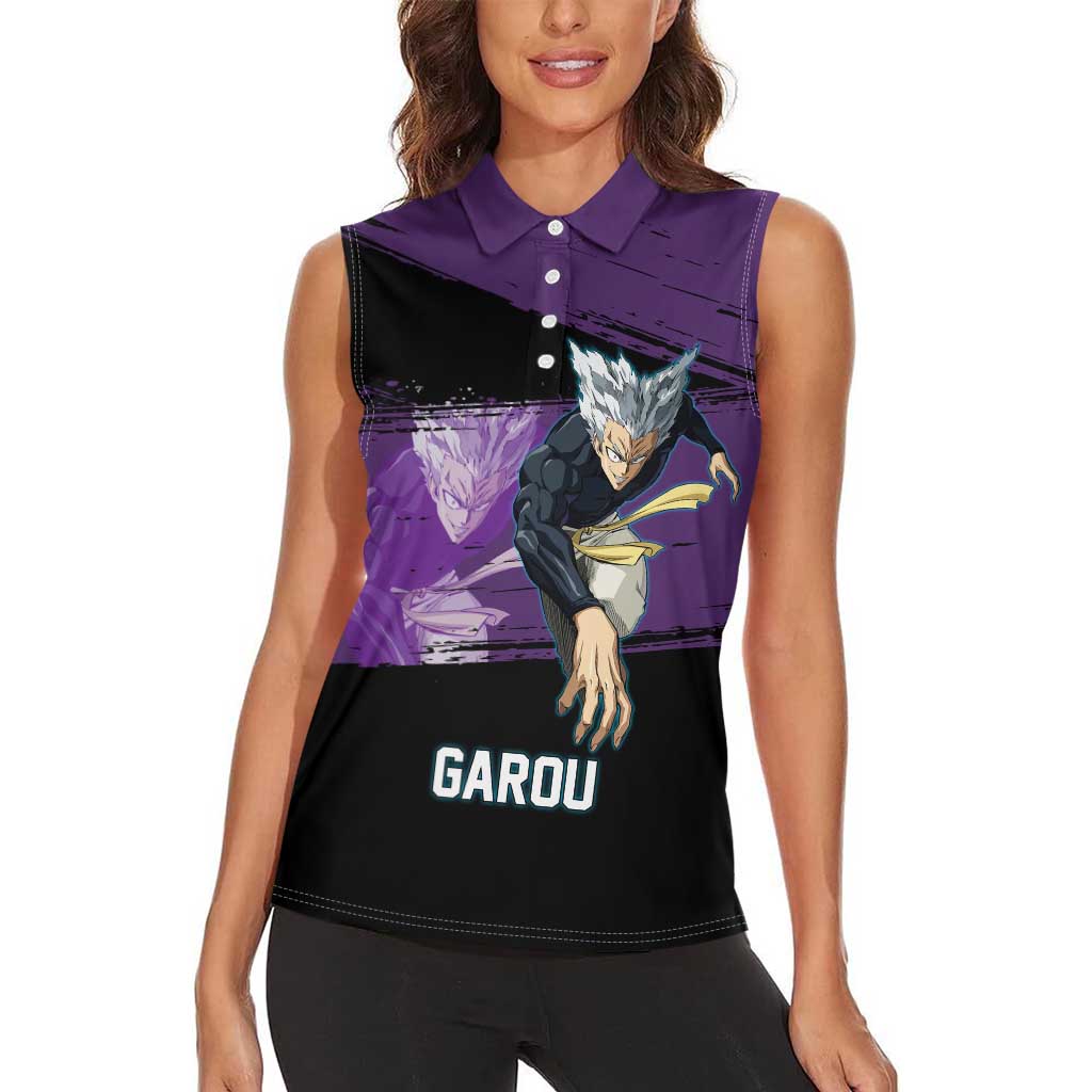 Garou One Punch Man Anime Purple and Black Theme Women Sleeveless Polo Shirt with Hero and Monster Forms in Dynamic Battle Pose - The Mazicc