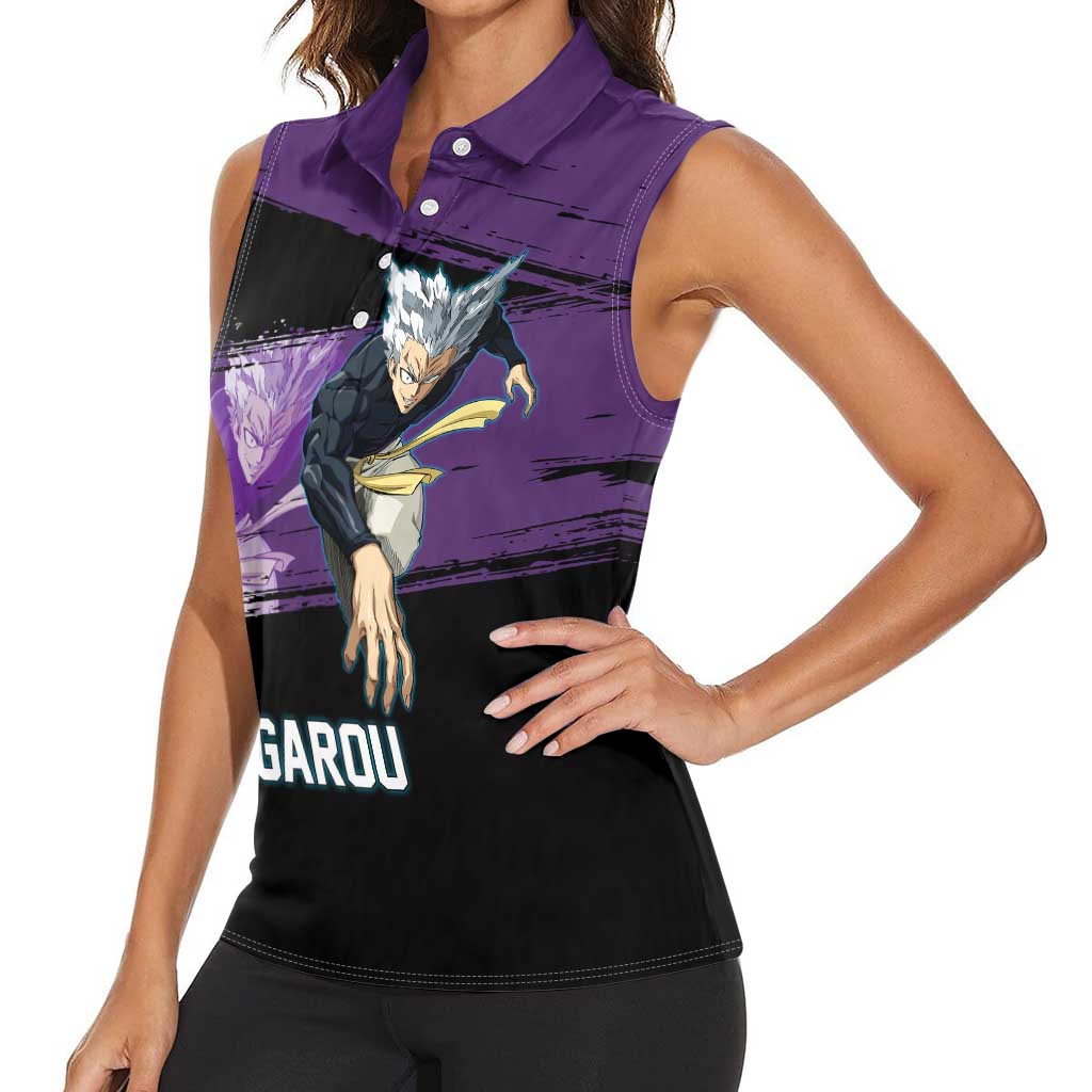 Garou One Punch Man Anime Purple and Black Theme Women Sleeveless Polo Shirt with Hero and Monster Forms in Dynamic Battle Pose - The Mazicc