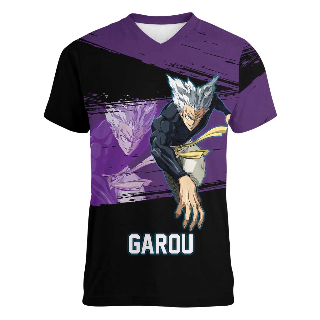 Garou One Punch Man Anime Purple and Black Theme Women V-Neck T-Shirt with Hero and Monster Forms in Dynamic Battle Pose - The Mazicc
