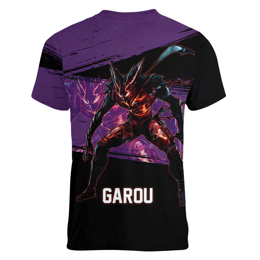Garou One Punch Man Anime Purple and Black Theme Women V-Neck T-Shirt with Hero and Monster Forms in Dynamic Battle Pose - The Mazicc