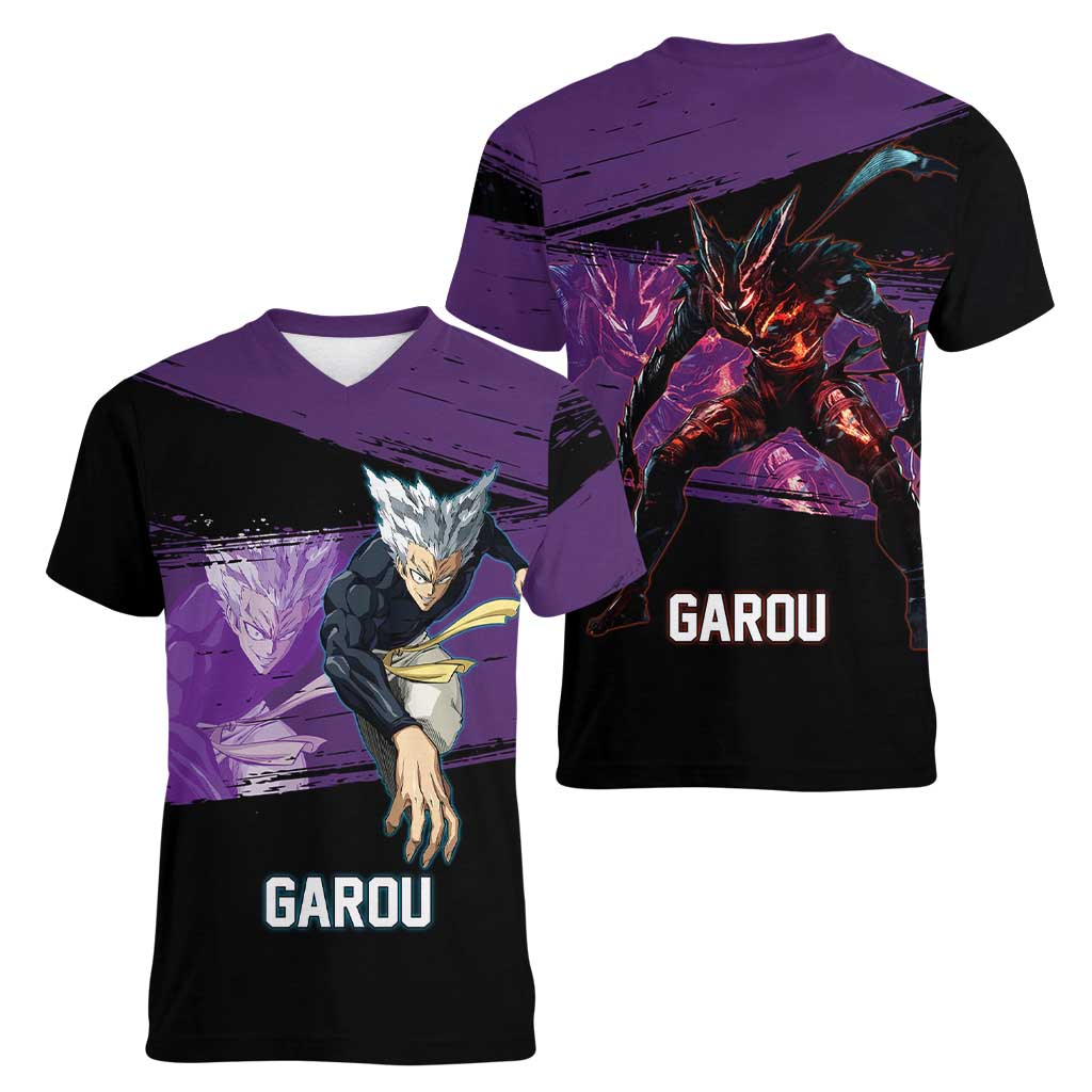Garou One Punch Man Anime Purple and Black Theme Women V-Neck T-Shirt with Hero and Monster Forms in Dynamic Battle Pose - The Mazicc