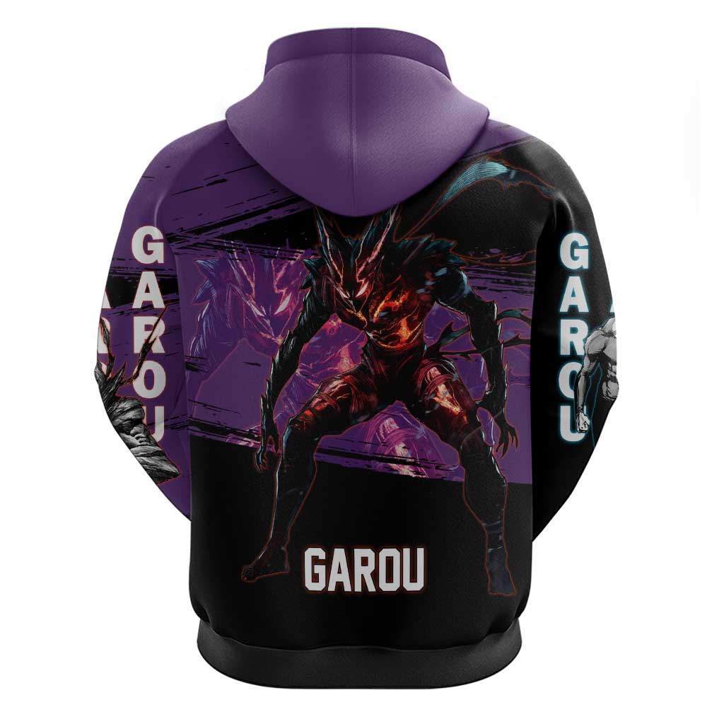 Garou One Punch Man Anime Purple and Black Theme Zip Hoodie with Hero and Monster Forms in Dynamic Battle Pose - The Mazicc
