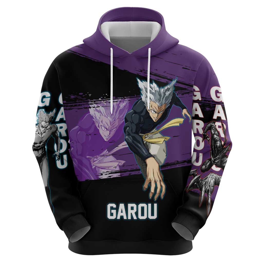 Garou One Punch Man Anime Purple and Black Theme Zip Hoodie with Hero and Monster Forms in Dynamic Battle Pose - The Mazicc