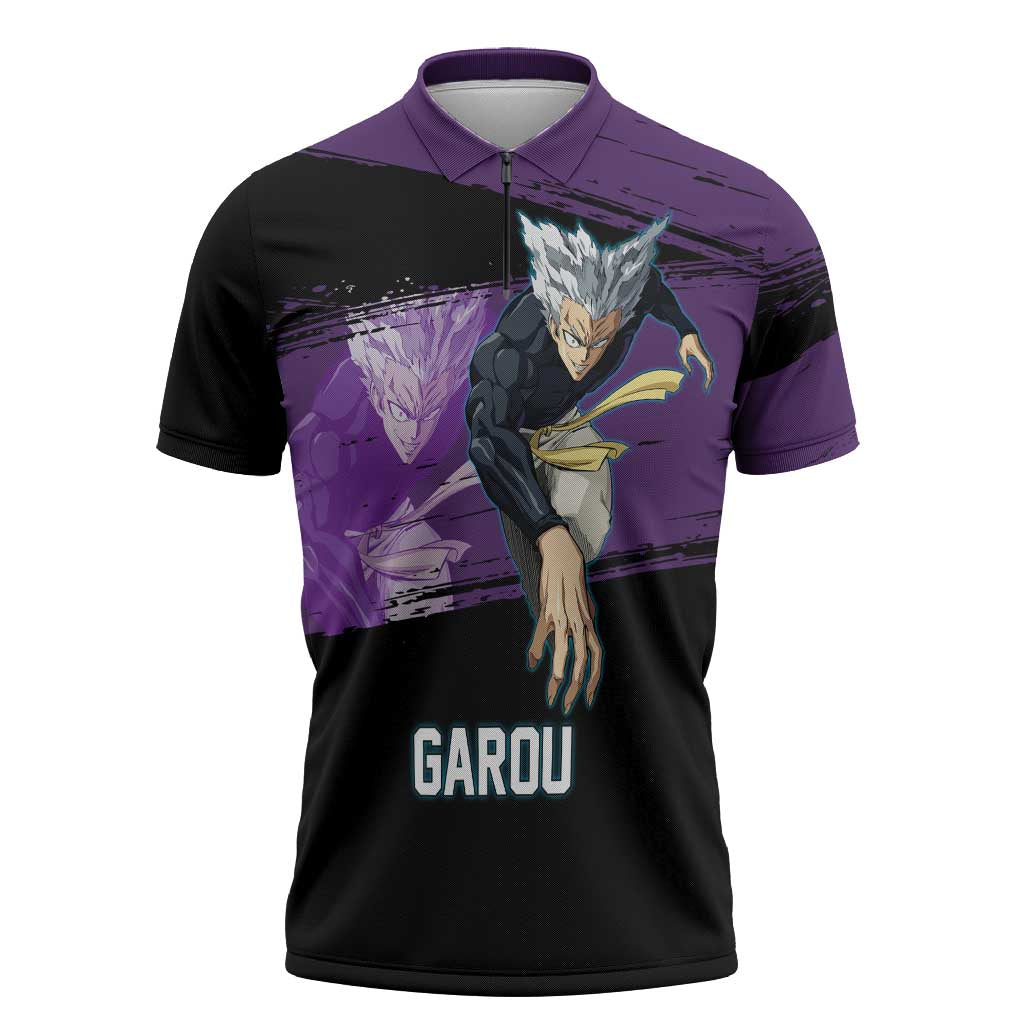 Garou One Punch Man Anime Purple and Black Theme Zipper Polo Shirt with Hero and Monster Forms in Dynamic Battle Pose - The Mazicc