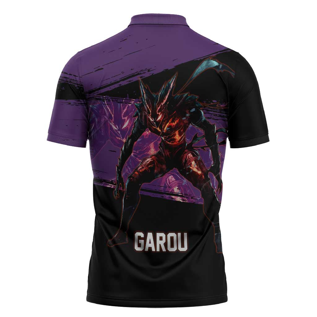 Garou One Punch Man Anime Purple and Black Theme Zipper Polo Shirt with Hero and Monster Forms in Dynamic Battle Pose - The Mazicc