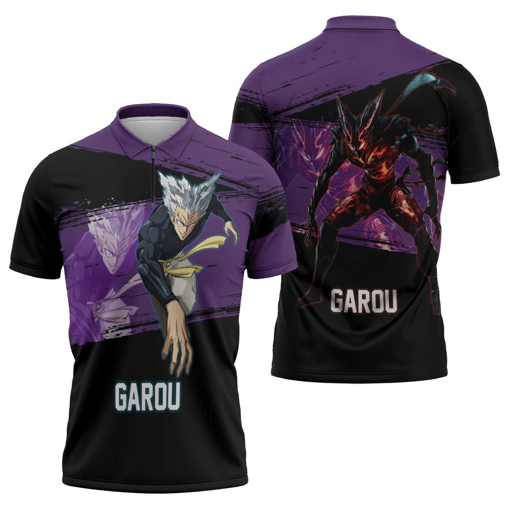 Garou One Punch Man Anime Purple and Black Theme Zipper Polo Shirt with Hero and Monster Forms in Dynamic Battle Pose - The Mazicc