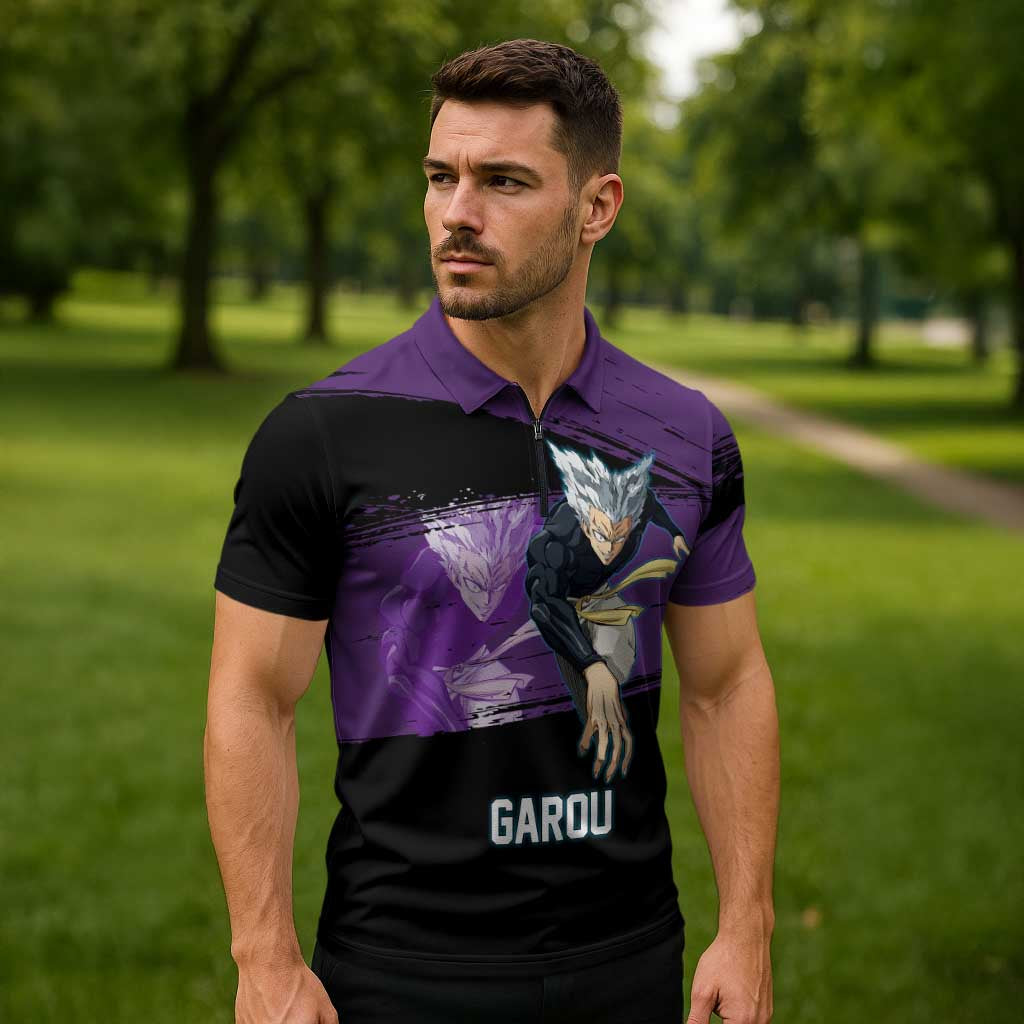 Garou One Punch Man Anime Purple and Black Theme Zipper Polo Shirt with Hero and Monster Forms in Dynamic Battle Pose - The Mazicc