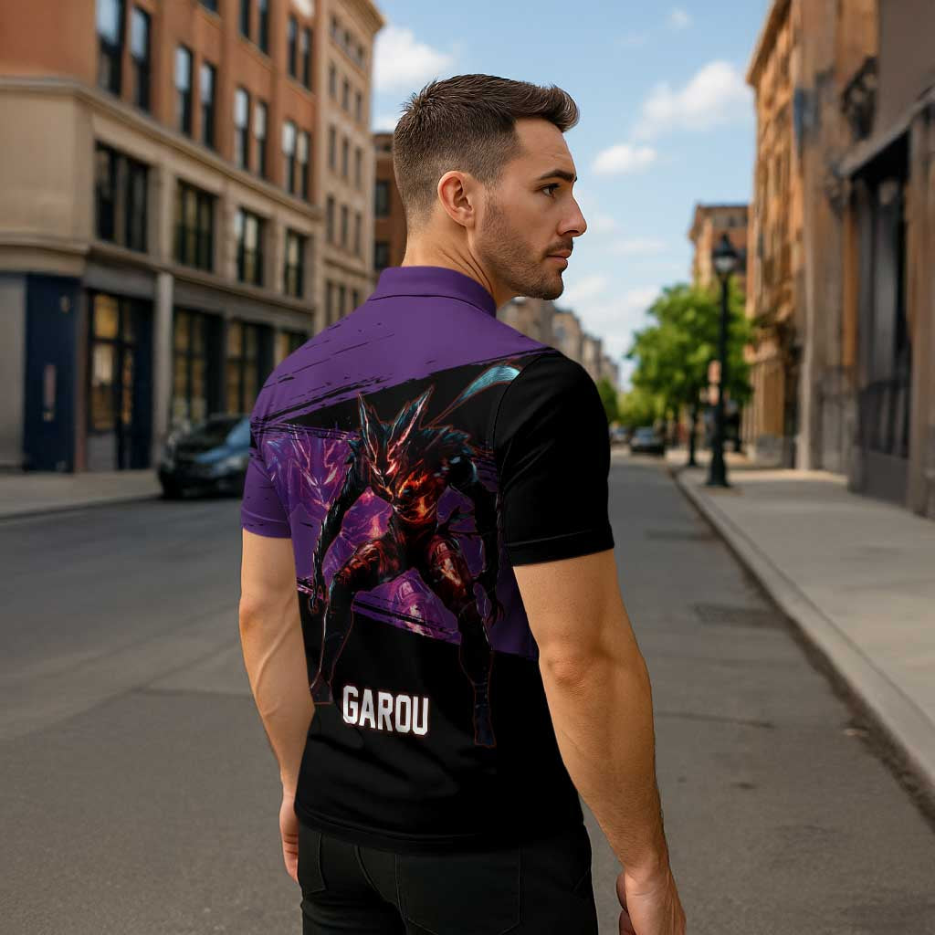 Garou One Punch Man Anime Purple and Black Theme Zipper Polo Shirt with Hero and Monster Forms in Dynamic Battle Pose - The Mazicc