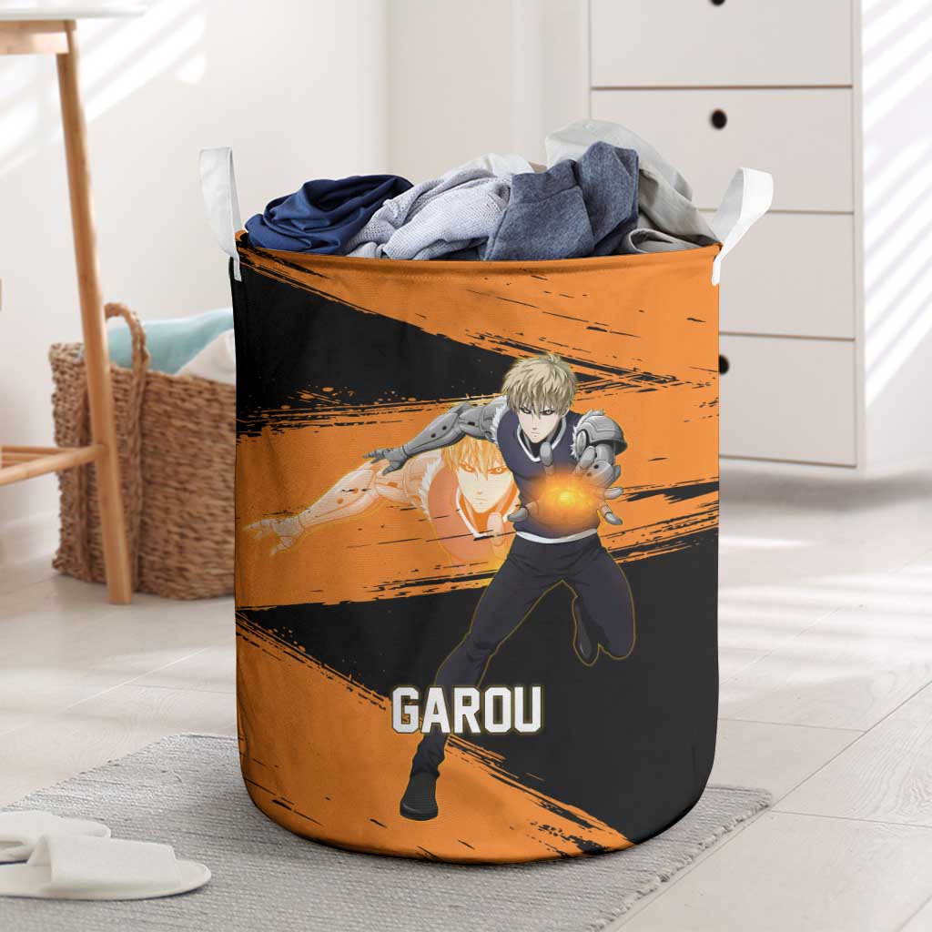 Genos One Punch Man Anime Orange and Black Theme Laundry Basket with Cyborg Arm Blast and Intense Action Pose - The Mazicc