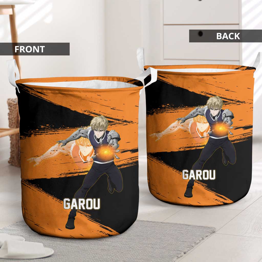 Genos One Punch Man Anime Orange and Black Theme Laundry Basket with Cyborg Arm Blast and Intense Action Pose - The Mazicc
