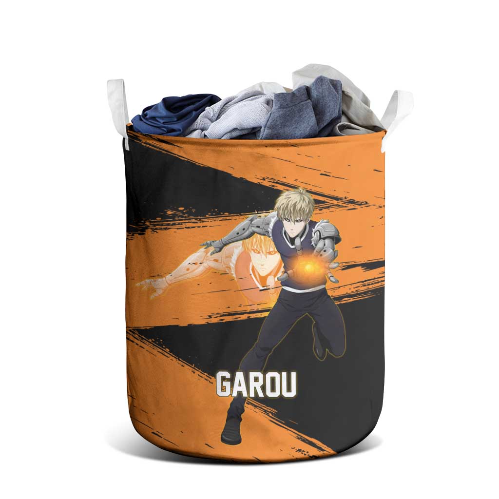 Genos One Punch Man Anime Orange and Black Theme Laundry Basket with Cyborg Arm Blast and Intense Action Pose - The Mazicc