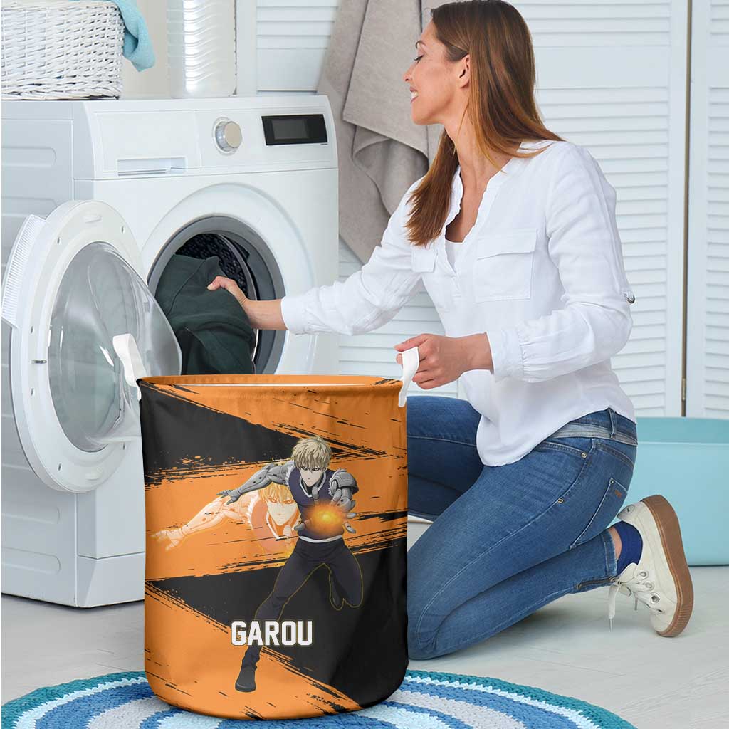 Genos One Punch Man Anime Orange and Black Theme Laundry Basket with Cyborg Arm Blast and Intense Action Pose - The Mazicc