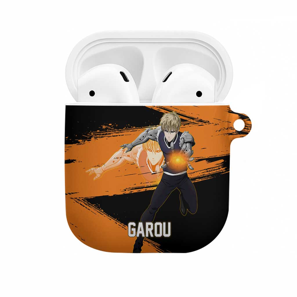 Genos One Punch Man Anime Orange and Black Theme AirPods Case with Cyborg Arm Blast and Intense Action Pose - The Mazicc