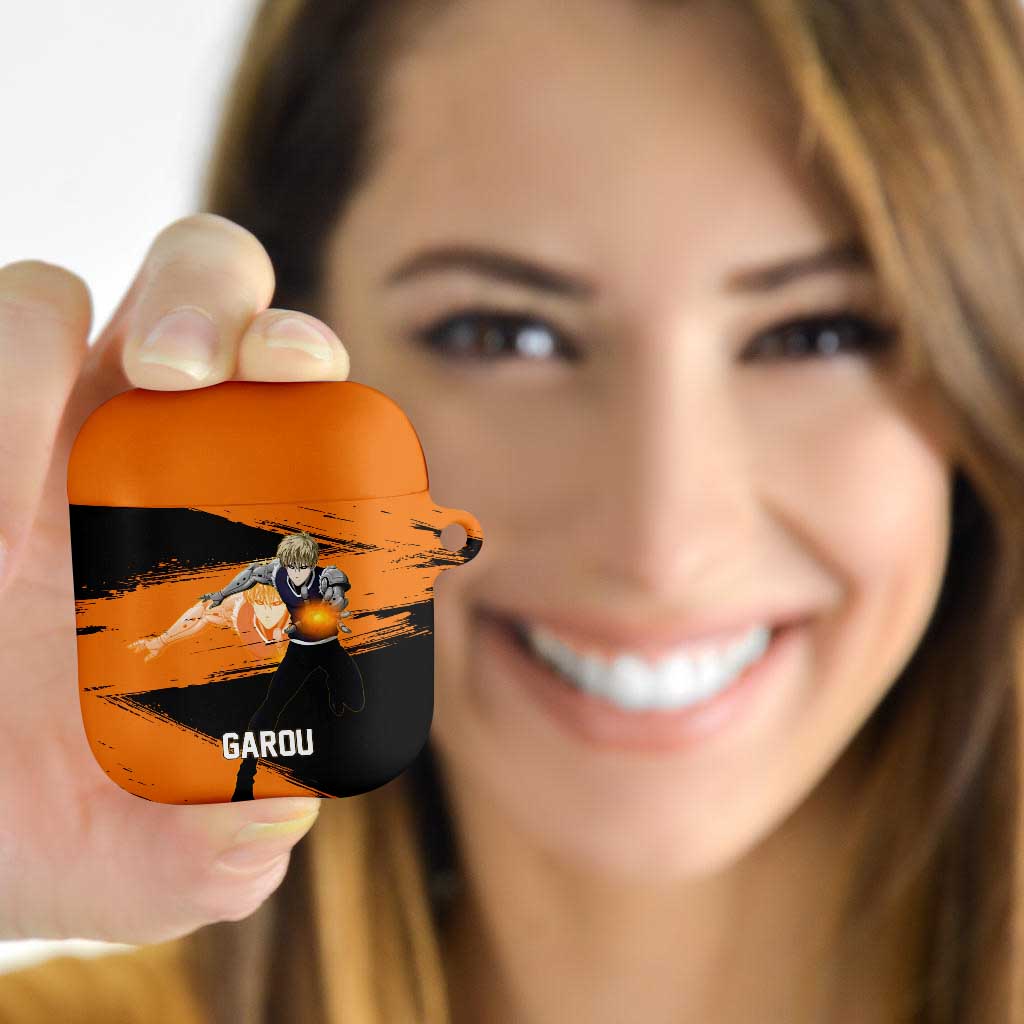Genos One Punch Man Anime Orange and Black Theme AirPods Case with Cyborg Arm Blast and Intense Action Pose - The Mazicc