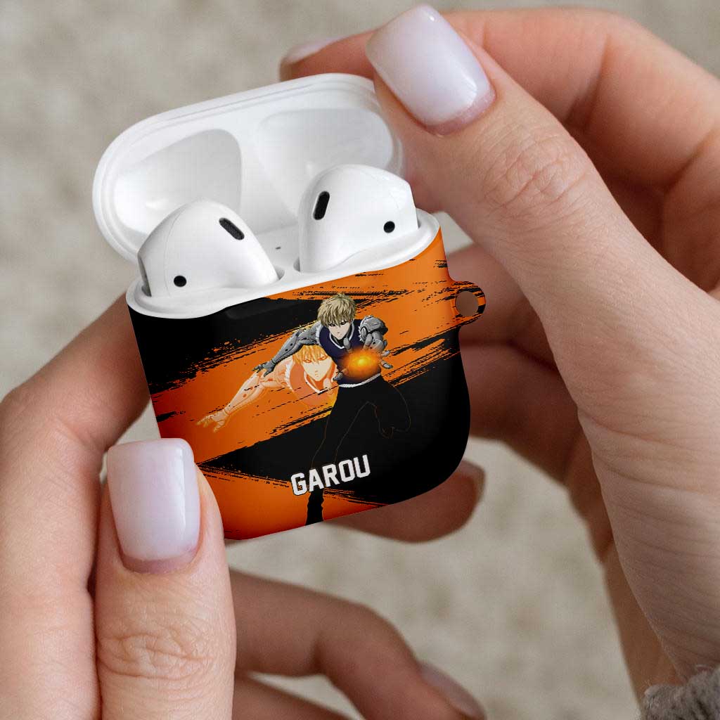 Genos One Punch Man Anime Orange and Black Theme AirPods Case with Cyborg Arm Blast and Intense Action Pose - The Mazicc